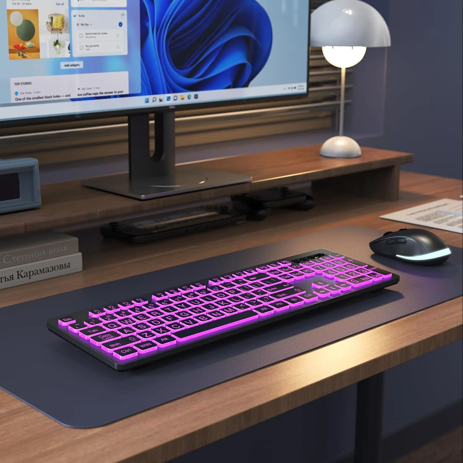 Large Print Backlit Wireless Keyboard, 2.4G Silent Wireless Light Up Keyboard, Full Size Computer Keyboards with 7 Colored Backlits, Rechargeable Keyboards for Windows, PC, Laptop