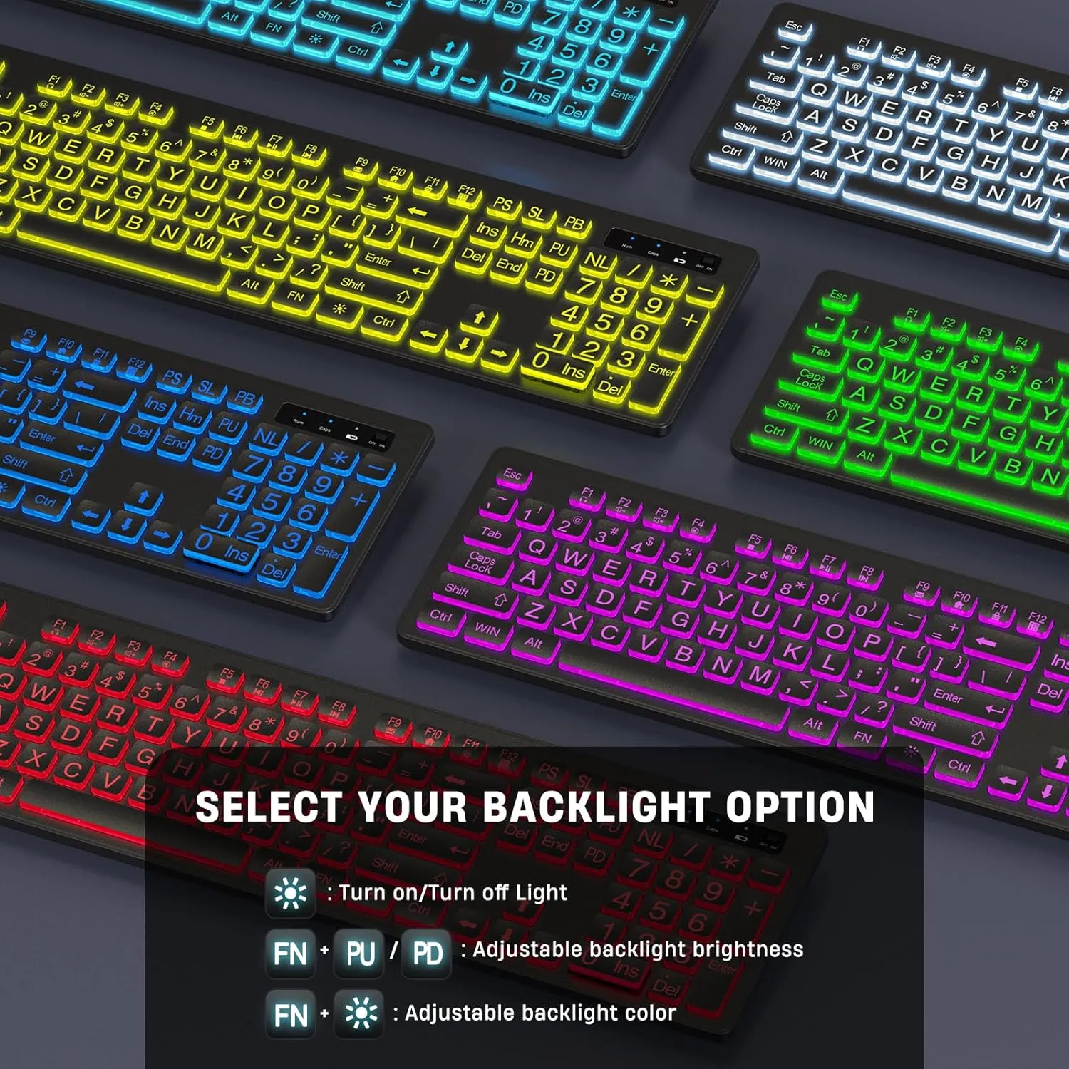 Large Print Backlit Wireless Keyboard, 2.4G Silent Wireless Light Up Keyboard, Full Size Computer Keyboards with 7 Colored Backlits, Rechargeable Keyboards for Windows, PC, Laptop