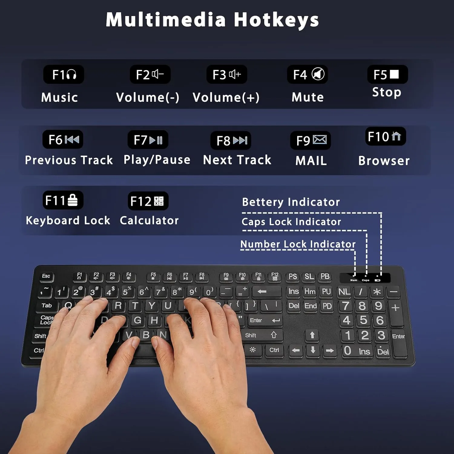 Large Print Backlit Wireless Keyboard, 2.4G Silent Wireless Light Up Keyboard, Full Size Computer Keyboards with 7 Colored Backlits, Rechargeable Keyboards for Windows, PC, Laptop