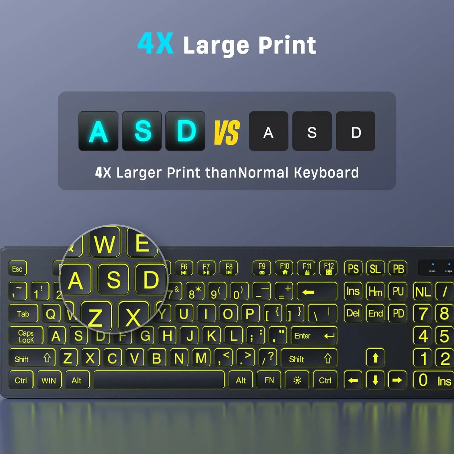 Large Print Backlit Wireless Keyboard, 2.4G Silent Wireless Light Up Keyboard, Full Size Computer Keyboards with 7 Colored Backlits, Rechargeable Keyboards for Windows, PC, Laptop