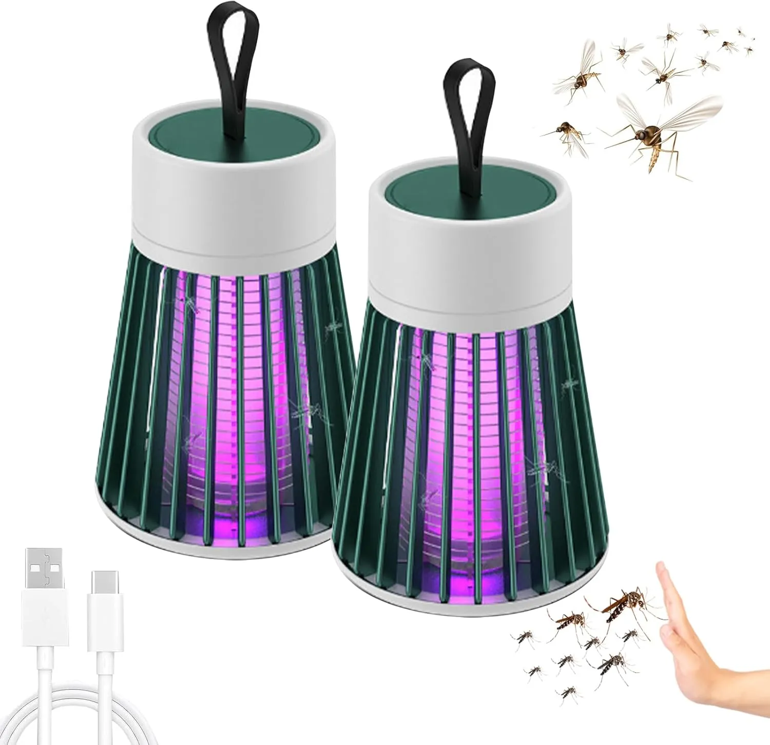 Latino Zap Lamp, Latino Zap MATA Mosquitos, 2025 Portable USB Rechargeable Camping Light, 2-in-1 Quiet Waterproof with IPX7 Protection, 360° Coverage for Indoor, Outdoor, Garden, Tent (Green 2*pc)