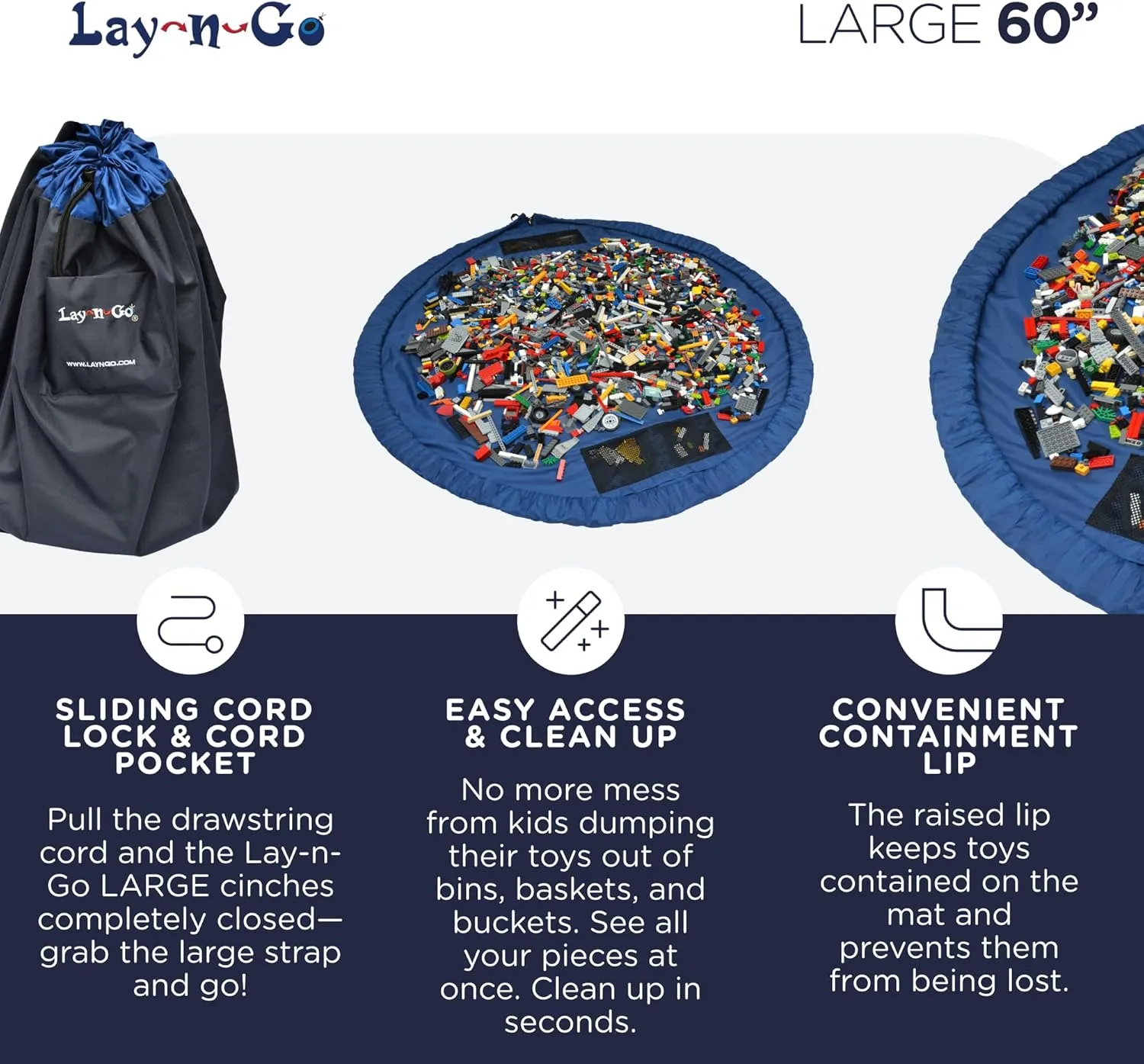 Lay-n-Go 2-in-1 Portable Drawstring Toys Storage Organizer and Play Mat for Room and Travel, Made for Kids and Toddlers with a Durable Patented Design
