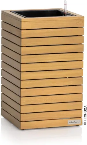 Lechuza -Palo Natural Wood 35 Tall Eucalyptus Wood Planter with Watering System, Water Level Indicator and Plant Insert, Real Wood Surface, 34.5 x 34.5 x 59 cm, 16771