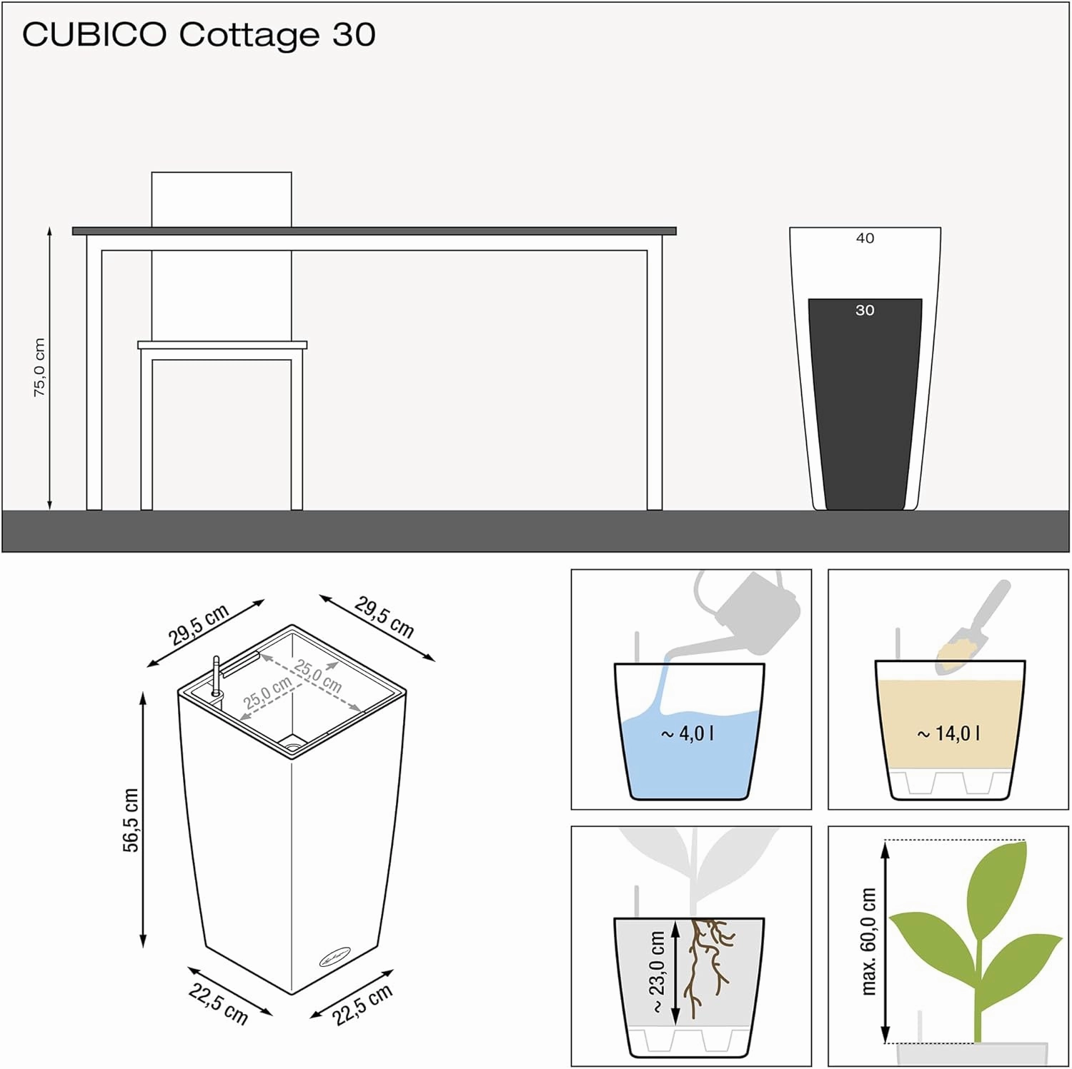 Lechuza 15123 Cubico Cottage 30 Self-Watering Indoor and Outdoor Use, 12" x 12" x 22", Granite Planter, 30 x 30 x 56 cm