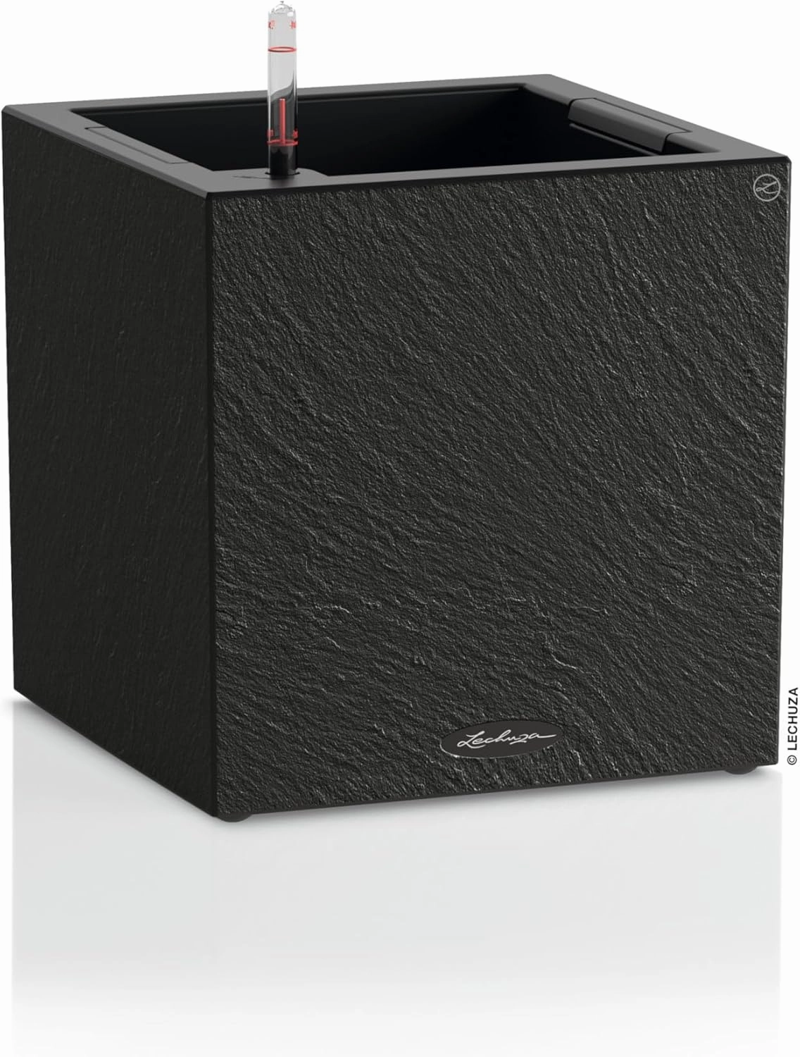 Lechuza - Canto Slatestone 30 Low Dark Grey Planter with Watering System, Water Level Indicator and Plant Insert, Slate Look, 30 x 30 x 30 cm, 15931