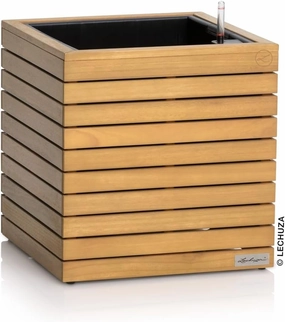 Lechuza -Palo Natural Wood 45 Low Eucalyptus Wood Planter with Watering System, Water Level Indicator and Plant Insert, Real Wood Surface, 44 x 44 x 46 cm, 16772