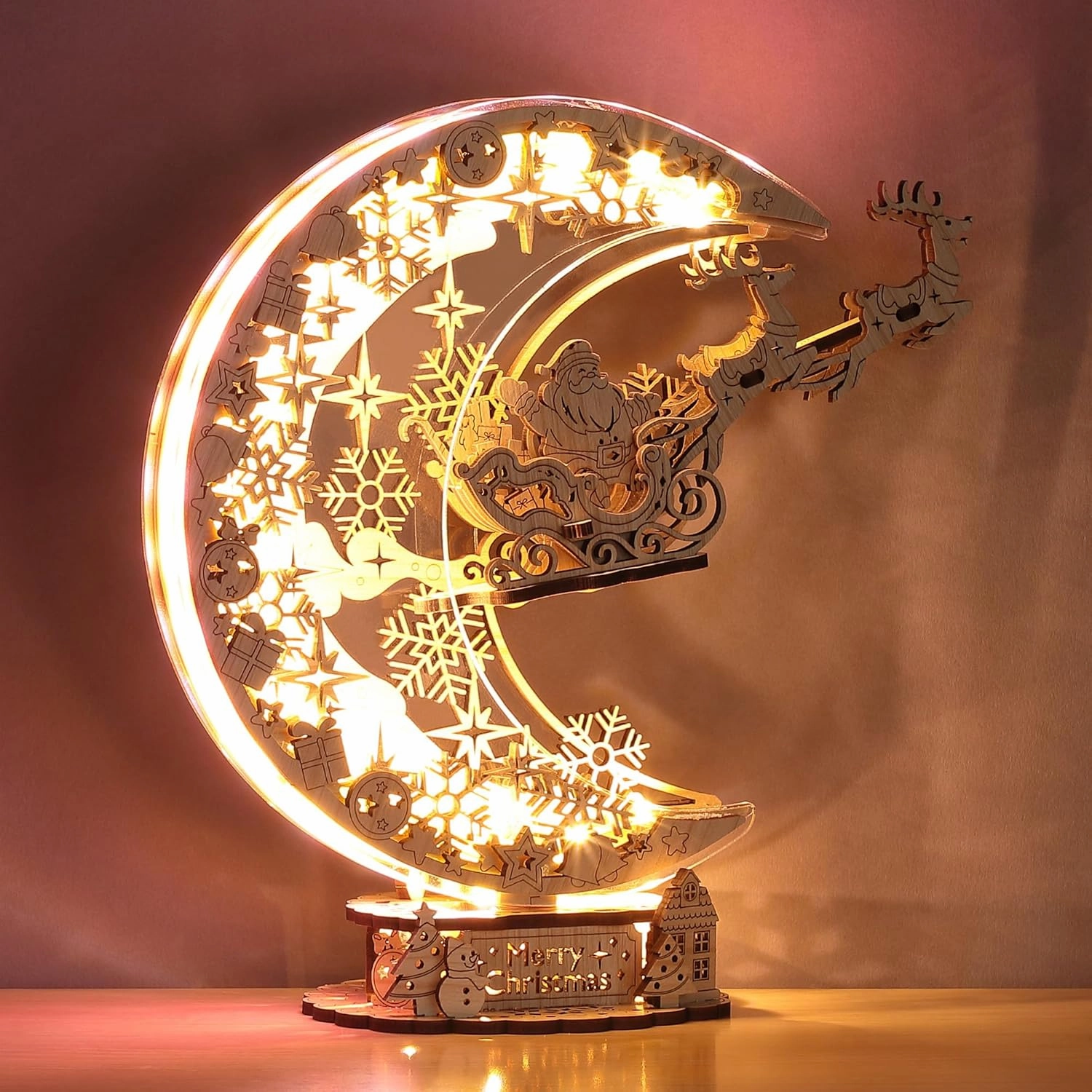 LED 3D Wooden Puzzle Christmas Night Flight Moon Lamp, DIY Craft Kit Festive Nightlight for Holiday Décor, Unique for Adults and Kids,Brown