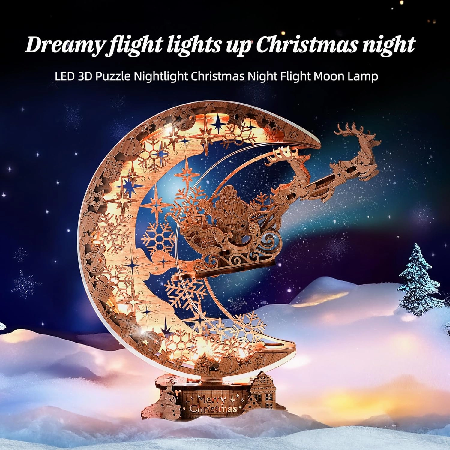 LED 3D Wooden Puzzle Christmas Night Flight Moon Lamp, DIY Craft Kit Festive Nightlight for Holiday Décor, Unique for Adults and Kids,Brown