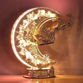 LED 3D Wooden Puzzle Christmas Night Flight Moon Lamp, DIY Craft Kit Festive Nightlight for Holiday Décor, Unique for Adults and Kids,Brown