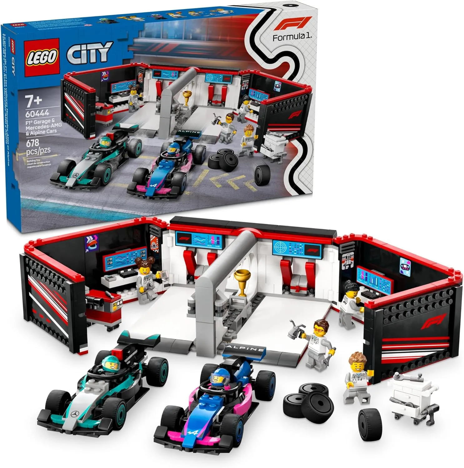 LEGO City F1 Garage & Mercedes-AMG & Alpine Cars Toy - Model Race Car Building Toy and Portable Playset for Kids, Boys and Girls, Ages 7  - F1 Collectible for Fans - Gift Idea for Birthdays - 60444
