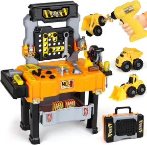 Lehoo Castle Toddler Tool Bench with Electric Drill & Take Apart Construction Vehicles, 2-in-1 Workbench ＆ Toolbox for Kids, Toy Tool Set for Toddlers Age 3, Birthday Festival Gift for Boys & Girls
