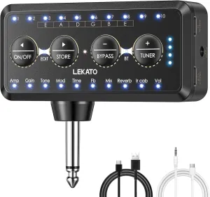 LEKATO Micro Bass Guitar Headphone Amp Guitar Headphone Amplifier with Multi Effects - Amp Models, IR Loading, Tuner, Rechargeable Electric Headphone Amplifier Delay Reverb Chorus Overdrive Portable