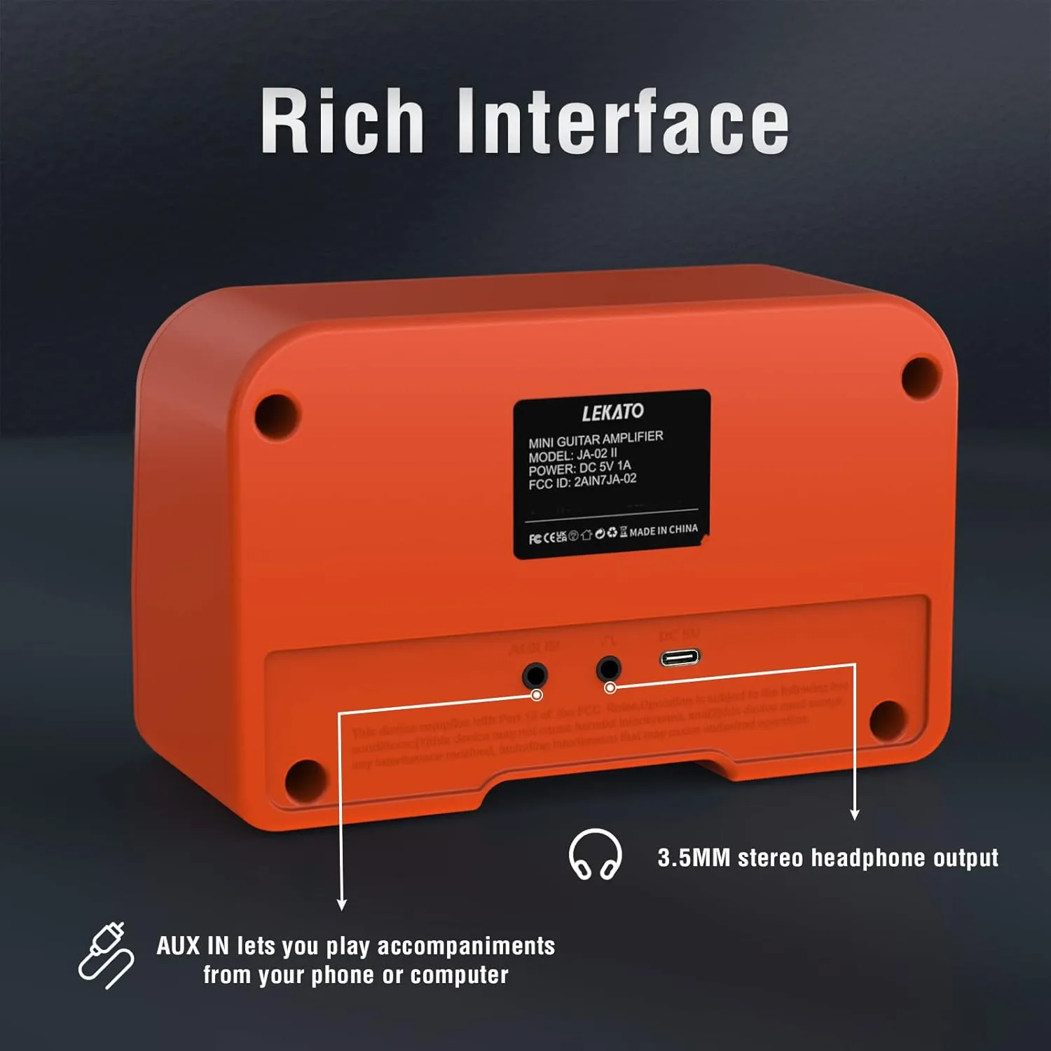 LEKATO Mini Amp 5W Rechargeable Electric Amp with Clean&Overdrive Effects, Bluetooth - Orange