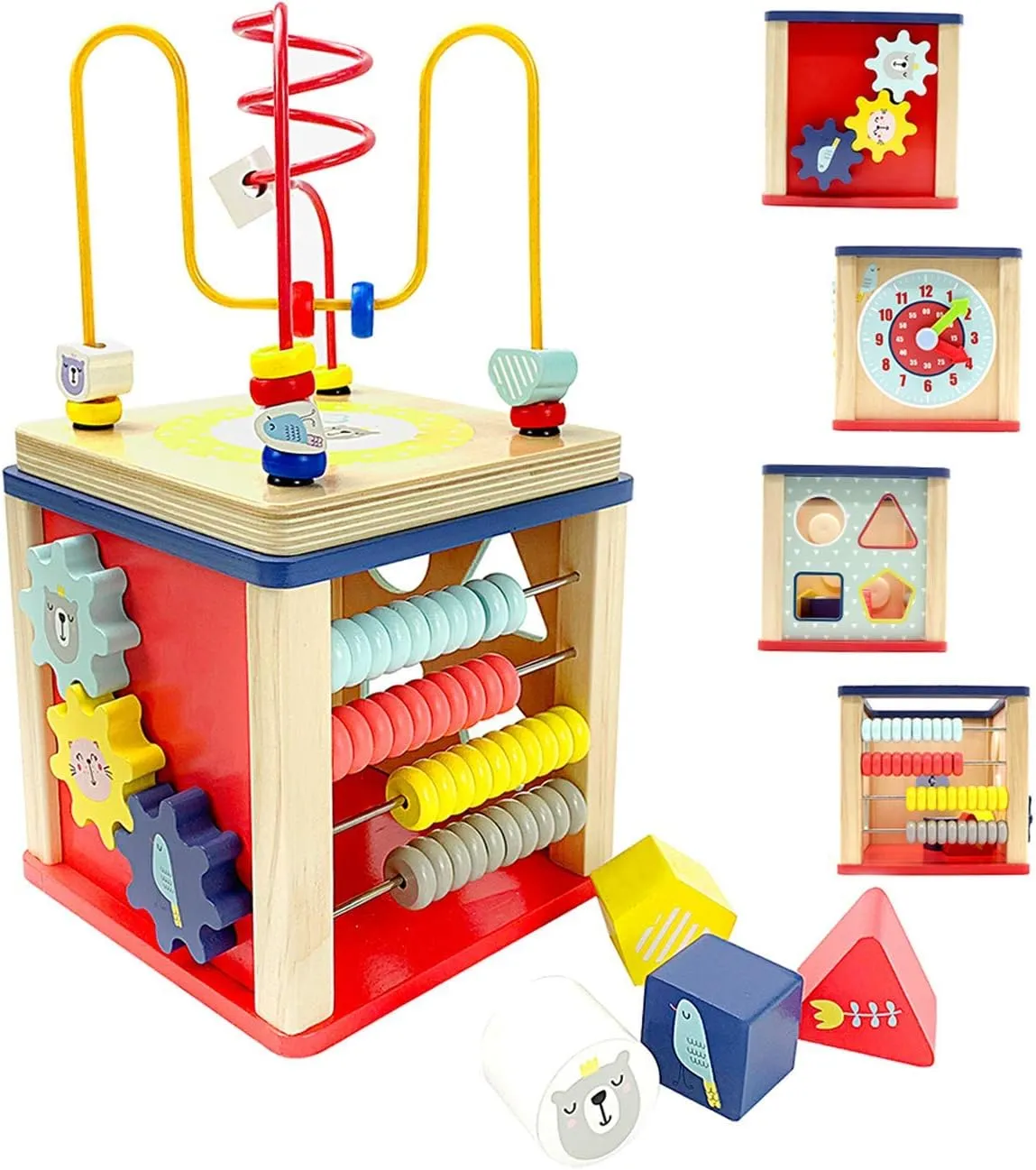 LEO & FRIENDS Activity Cube Wooden Toys for 1,2 Year Old Girl Gifts,12-18 Months Baby Toys for Preschool Learning,Montessori Bead Maze and Shape Sorter 5-in-1 Toys