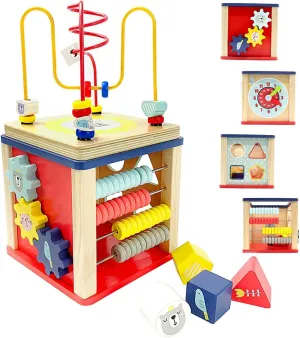 LEO & FRIENDS Activity Cube Wooden Toys for 1,2 Year Old Girl Gifts,12-18 Months Baby Toys for Preschool Learning,Montessori Bead Maze and Shape Sorter 5-in-1 Toys