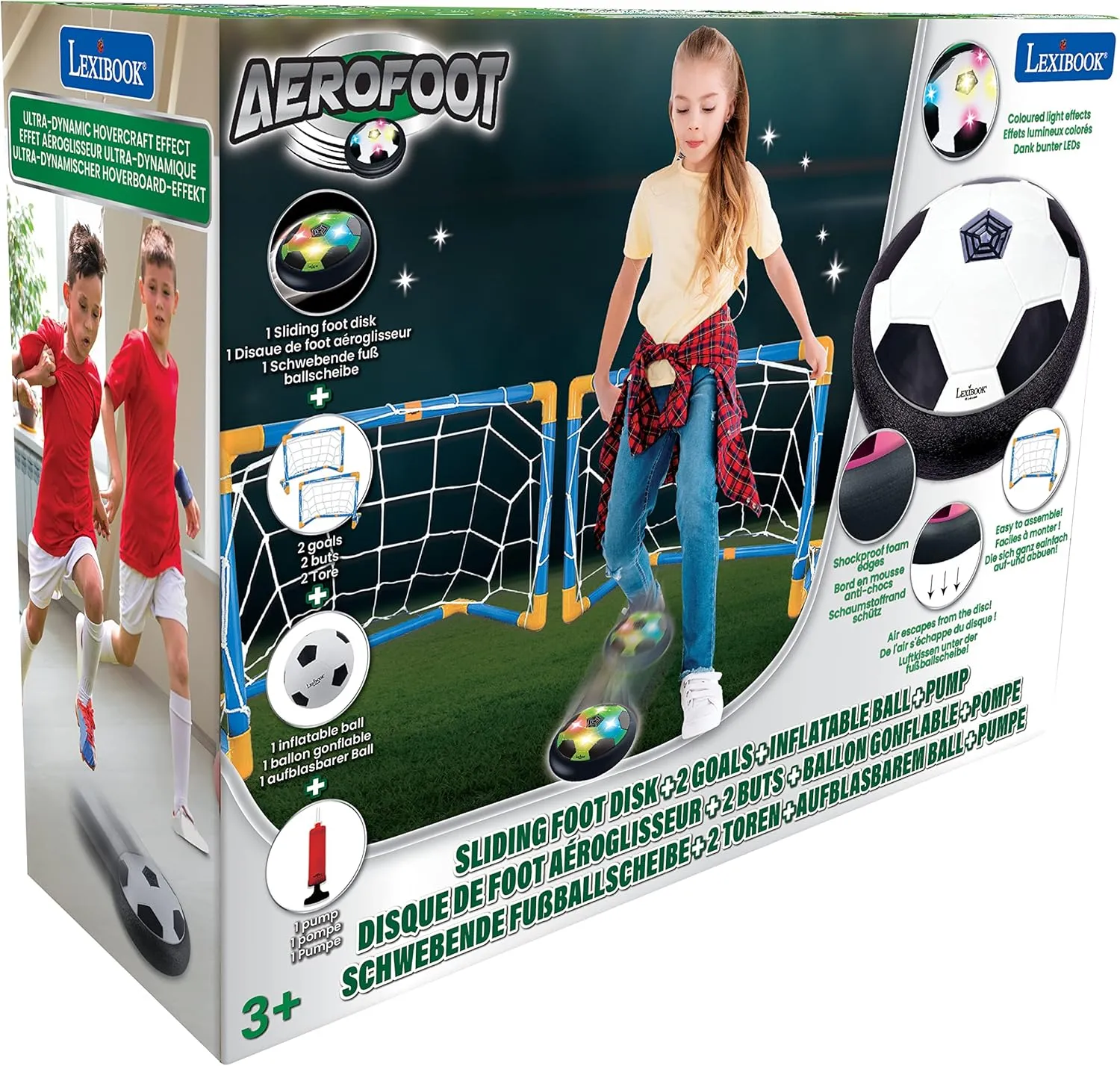 Lexibook Aerofoot, Hovercraft Soccer disc, 2 Goals, Pump and Inflatable Ball Included, Glides Easily, Fast and Dynamic, Light Effects, Anti-Shock Foam Edges, Rechargeable, JG981