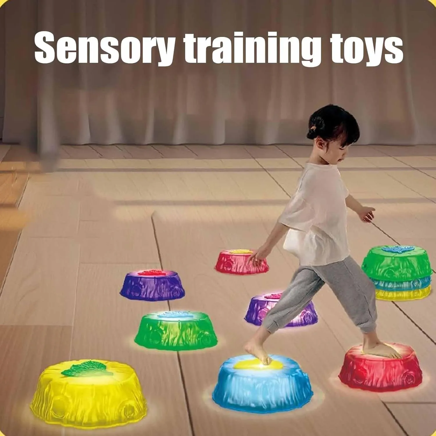 Light up Stepping Stones for Kids, Indoor Obstacle Course, Stackable Balancing Jumping Stones, With Non Slip Mat, Encourage Toddler Balance & Gross Motor Skills, Indoor&outdoor Toys for 3-6