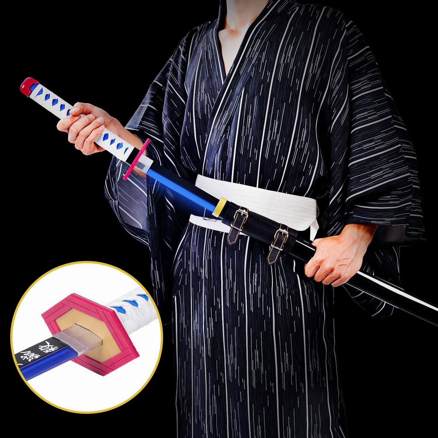 Light-Up Giyu Sword Replica with Rechargeable Battery, 30 Inch LED Katana with Display Stand, and Belt, Wands for Cosplay and Collection, Perfect for Halloween and Gift
