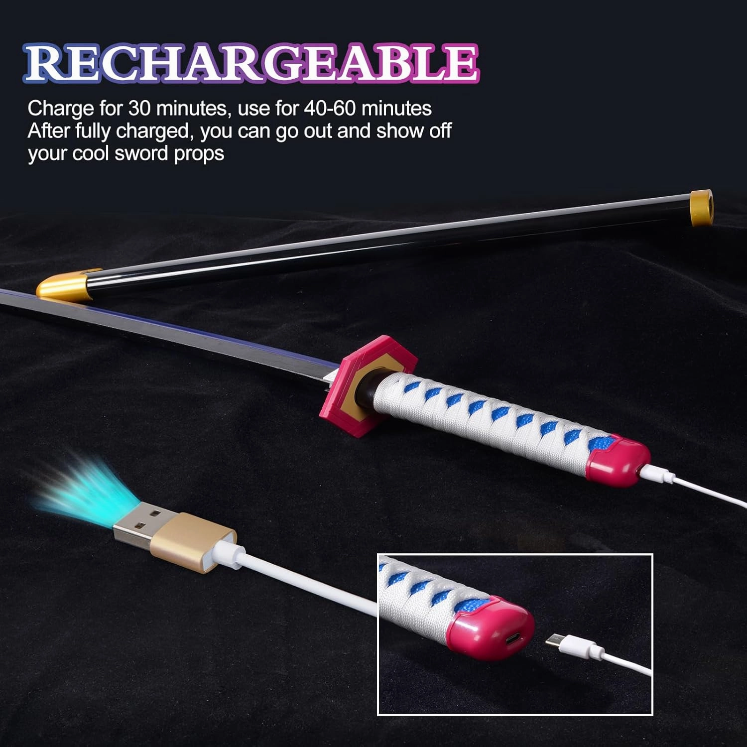 Light-Up Giyu Sword Replica with Rechargeable Battery, 30 Inch LED Katana with Display Stand, and Belt, Wands for Cosplay and Collection, Perfect for Halloween and Gift