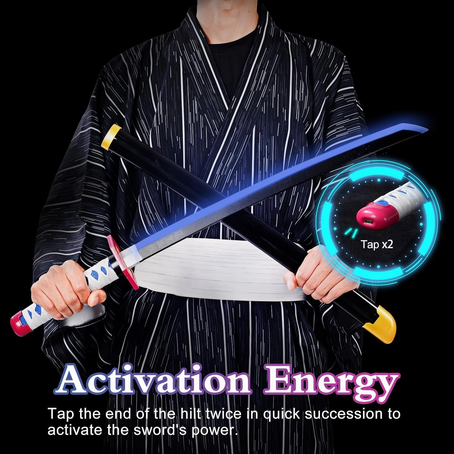 Light-Up Giyu Sword Replica with Rechargeable Battery, 30 Inch LED Katana with Display Stand, and Belt, Wands for Cosplay and Collection, Perfect for Halloween and Gift