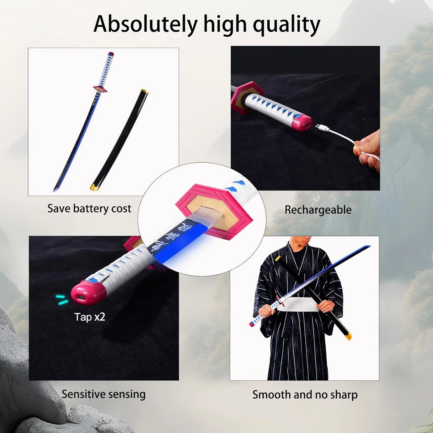 Light-Up Giyu Sword Replica with Rechargeable Battery, 30 Inch LED Katana with Display Stand, and Belt, Wands for Cosplay and Collection, Perfect for Halloween and Gift