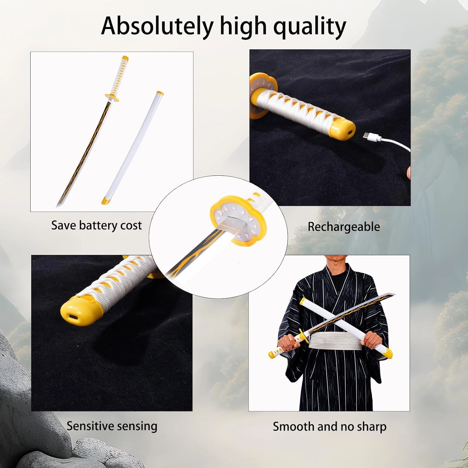 Light-Up Zenitsu Sword Replica with Rechargeable Battery, 30 Inch LED Katana with Display Stand, and Belt, Wands for Cosplay and Collection, Perfect for Halloween and Gift