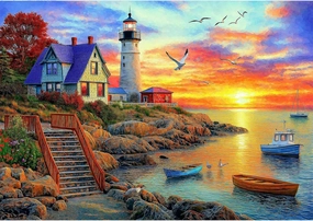 Lighthouse Sunset 500 Piece Puzzles for Adults Colorful Coastal Scene with Boats Jigsaw Puzzles 500 Pieces Seaside Landscape Family Puzzle Challenging Family Puzzle Games Gift for Adults (21"x15")