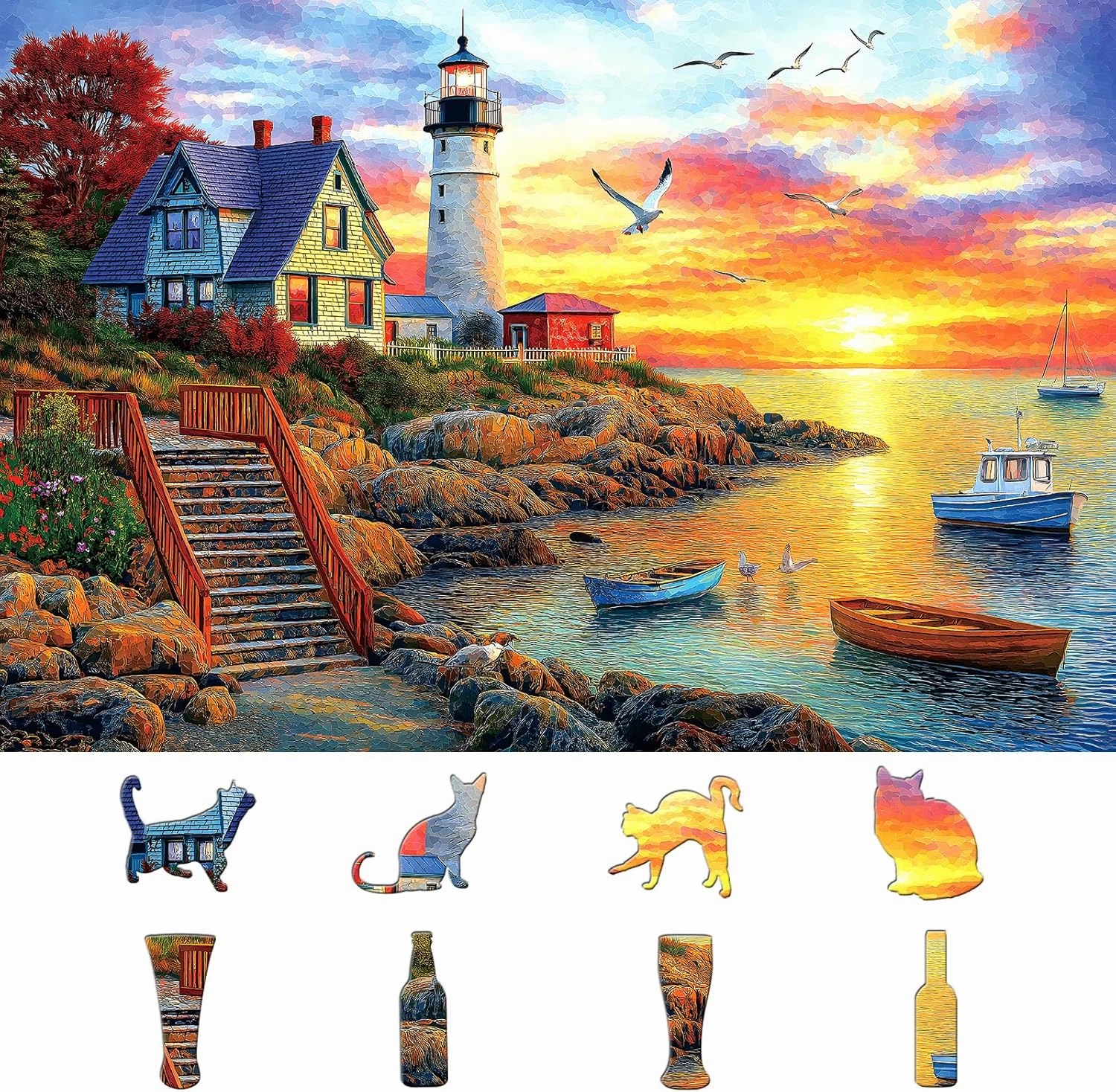 Lighthouse Sunset 500 Piece Puzzles for Adults Colorful Coastal Scene with Boats Jigsaw Puzzles 500 Pieces Seaside Landscape Family Puzzle Challenging Family Puzzle Games Gift for Adults (21"x15")