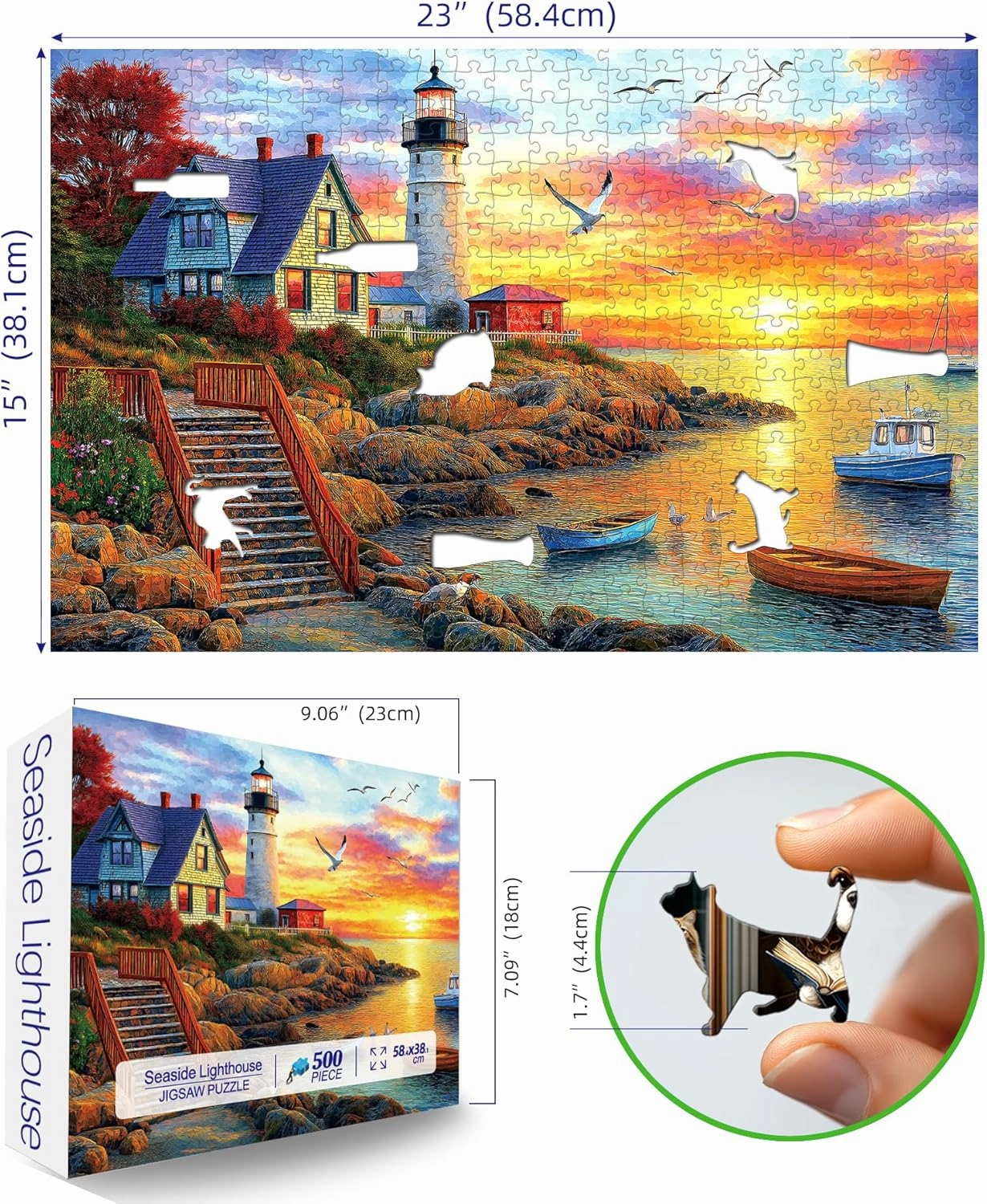 Lighthouse Sunset 500 Piece Puzzles for Adults Colorful Coastal Scene with Boats Jigsaw Puzzles 500 Pieces Seaside Landscape Family Puzzle Challenging Family Puzzle Games Gift for Adults (21"x15")