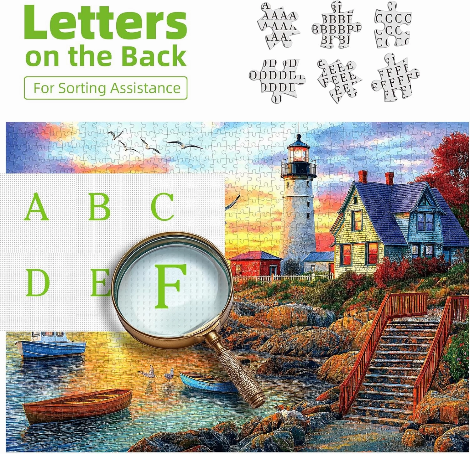 Lighthouse Sunset 500 Piece Puzzles for Adults Colorful Coastal Scene with Boats Jigsaw Puzzles 500 Pieces Seaside Landscape Family Puzzle Challenging Family Puzzle Games Gift for Adults (21"x15")