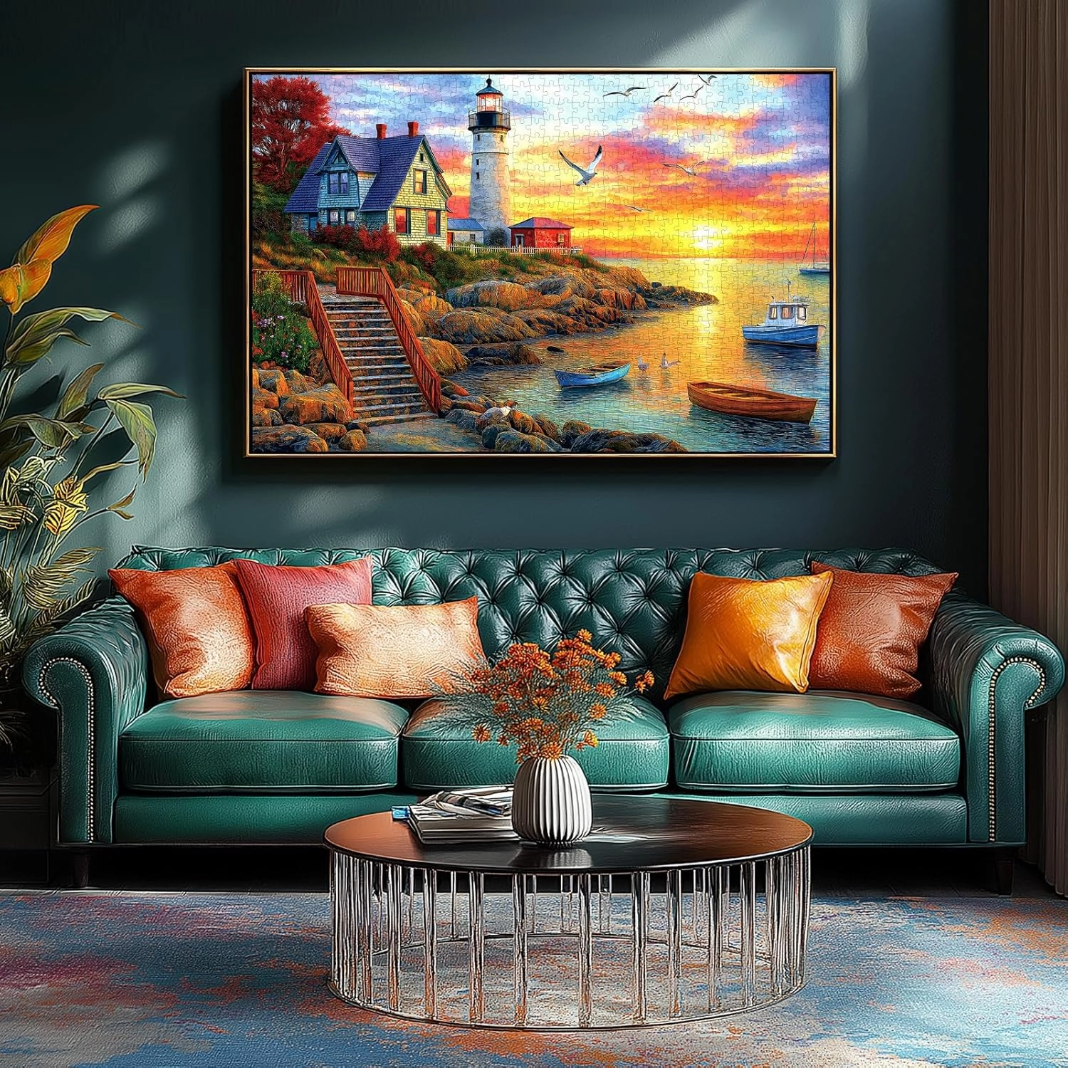 Lighthouse Sunset 500 Piece Puzzles for Adults Colorful Coastal Scene with Boats Jigsaw Puzzles 500 Pieces Seaside Landscape Family Puzzle Challenging Family Puzzle Games Gift for Adults (21"x15")