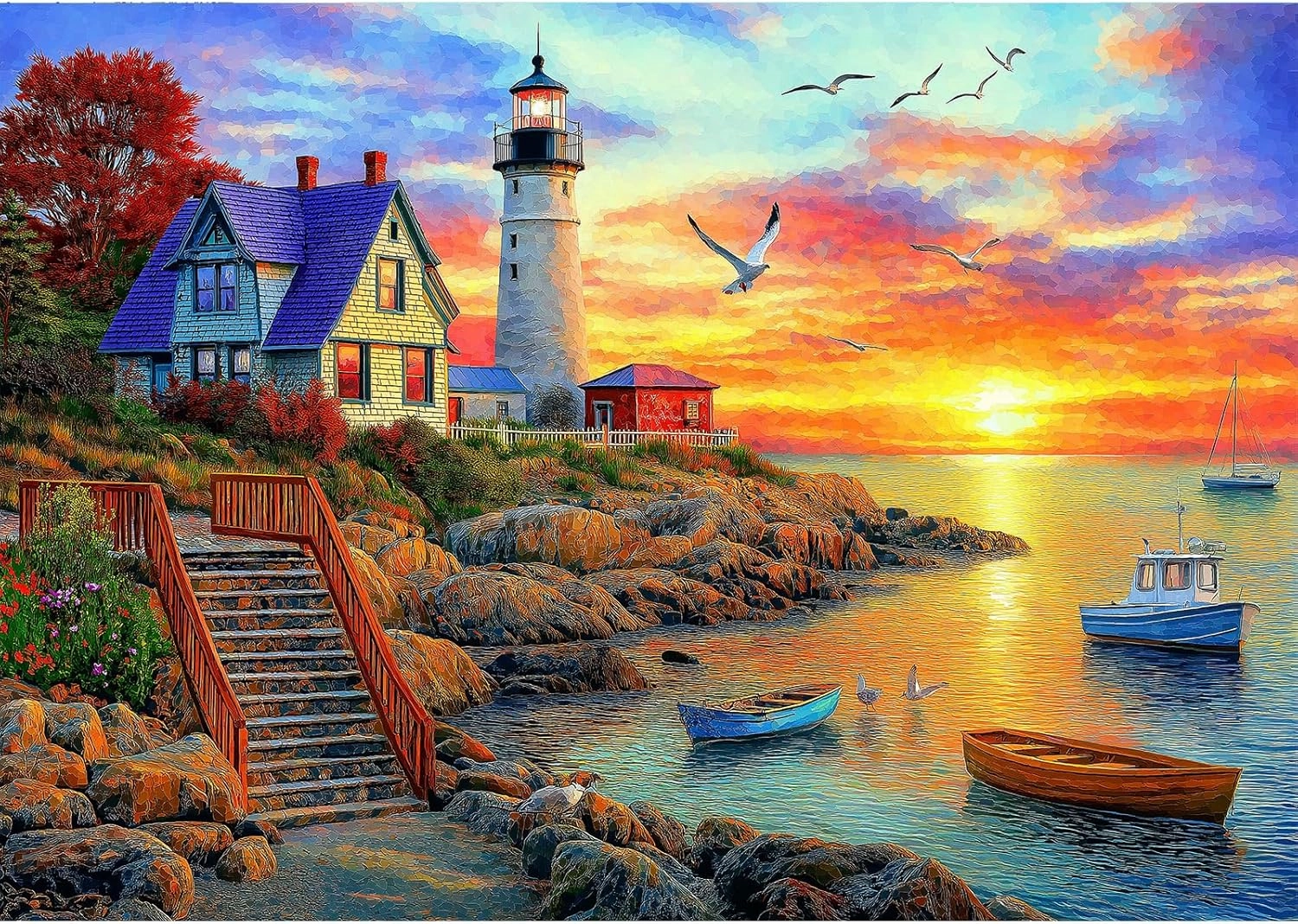 Lighthouse Sunset 500 Piece Puzzles for Adults Colorful Coastal Scene with Boats Jigsaw Puzzles 500 Pieces Seaside Landscape Family Puzzle Challenging Family Puzzle Games Gift for Adults (21"x15")