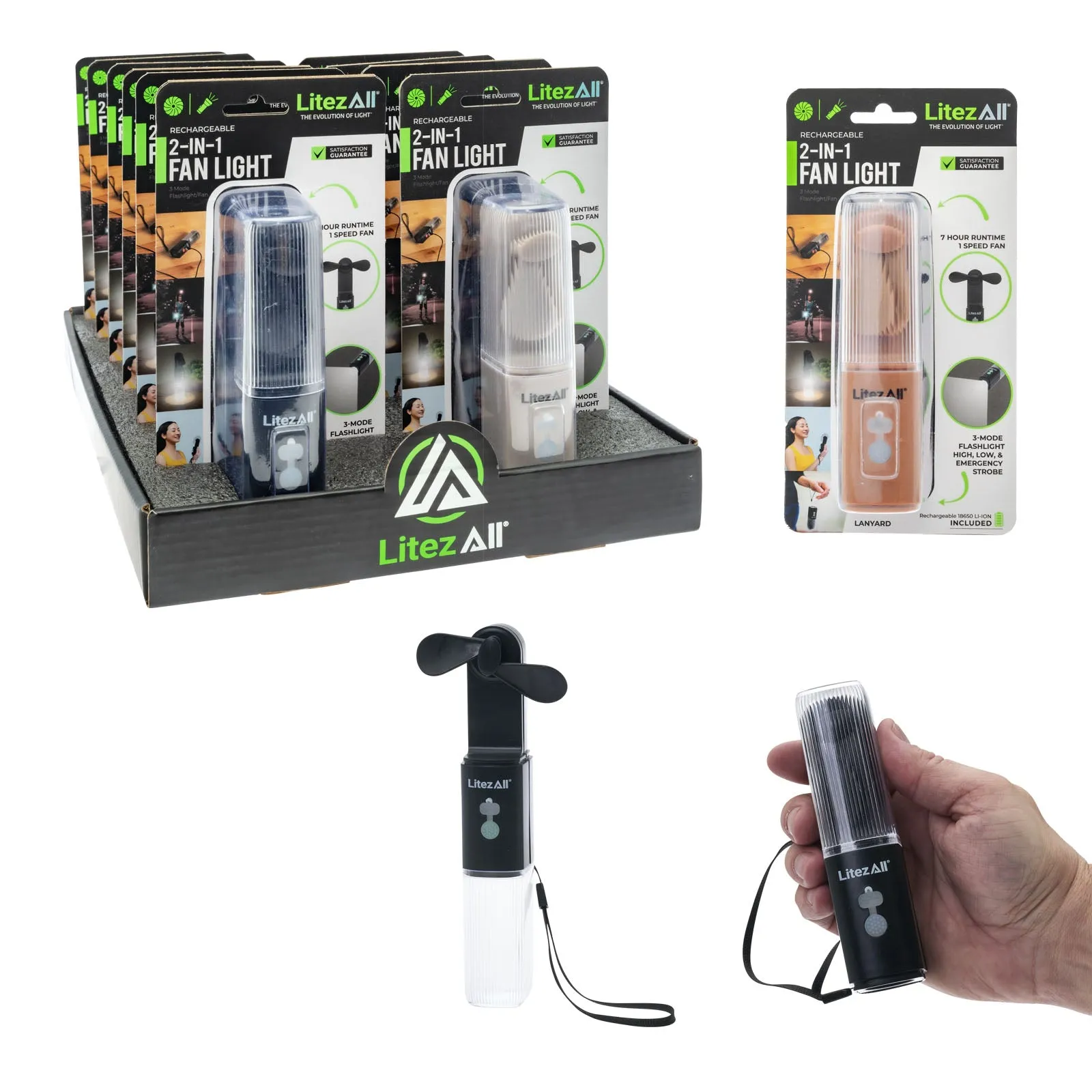 LitezAll Rechargeable Pocket Fan with Flashlight
