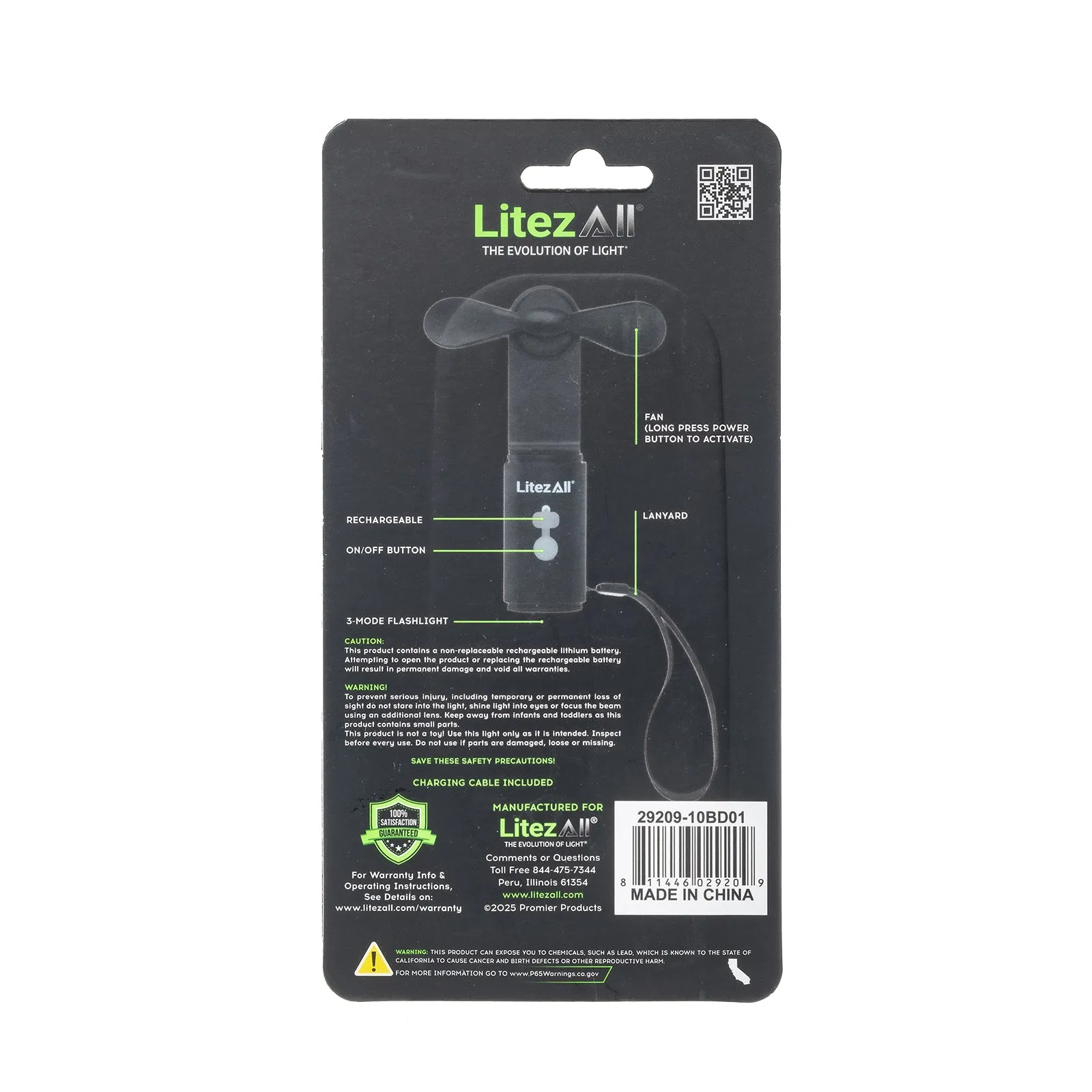 LitezAll Rechargeable Pocket Fan with Flashlight