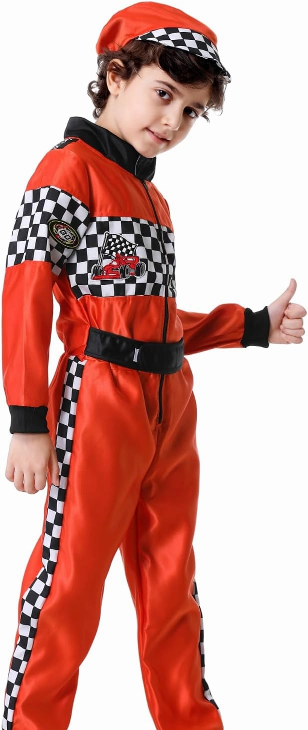 LMYOVE Kids Race Car Driver Costume Boys Girls Racing Halloween Play Role Dress Up Racer Jumpsuit and car cap Toddler 3-10Y