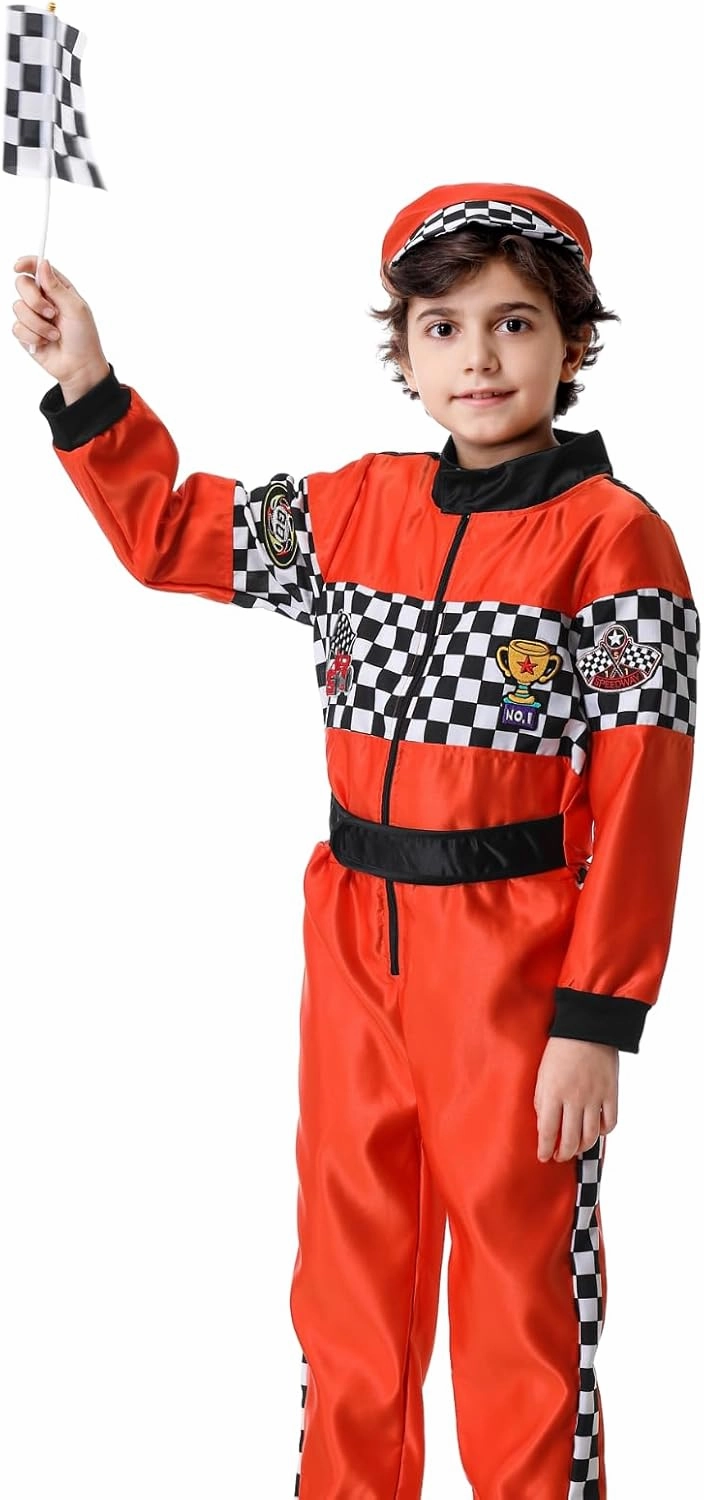 LMYOVE Kids Race Car Driver Costume Boys Girls Racing Halloween Play Role Dress Up Racer Jumpsuit and car cap Toddler 3-10Y