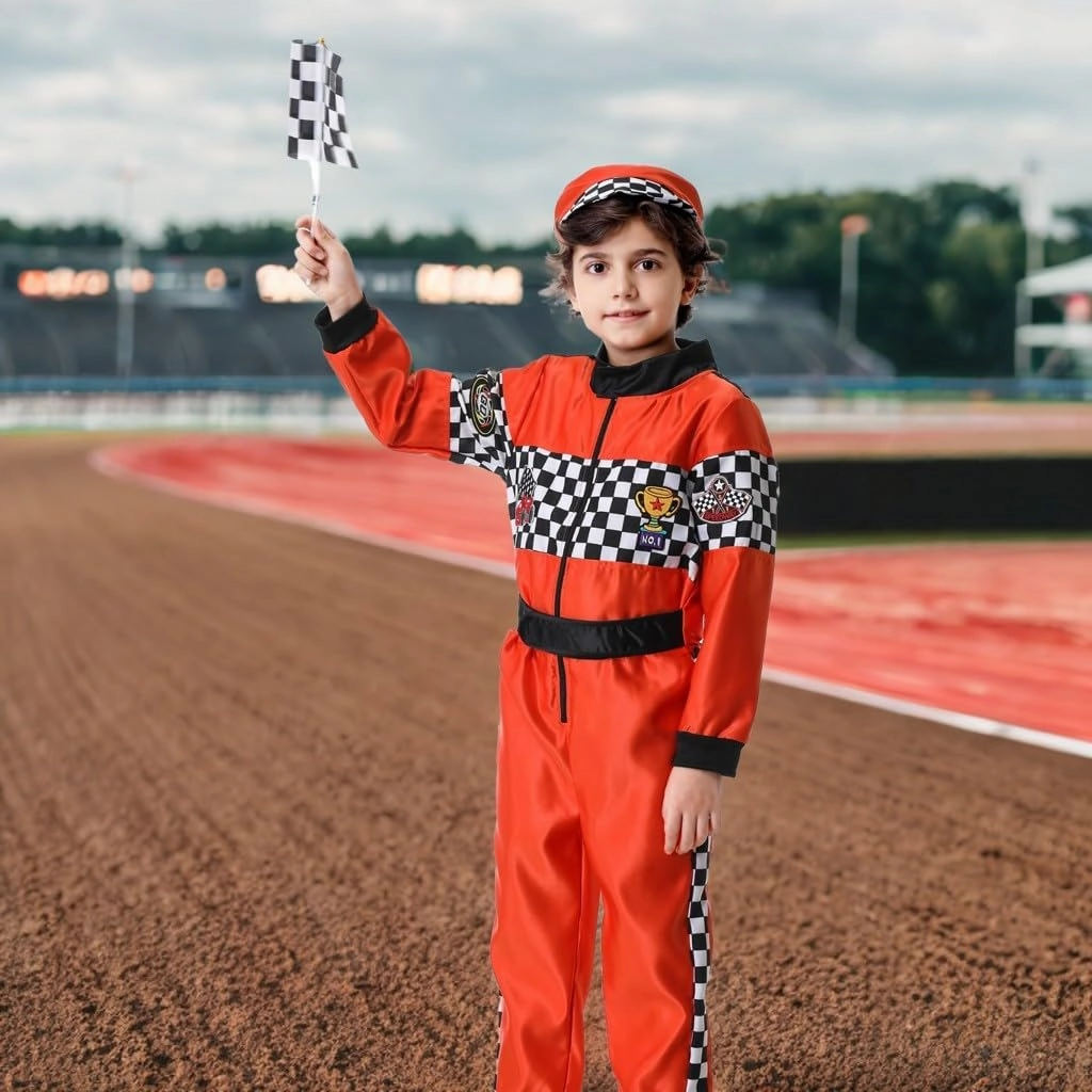 LMYOVE Kids Race Car Driver Costume Boys Girls Racing Halloween Play Role Dress Up Racer Jumpsuit and car cap Toddler 3-10Y