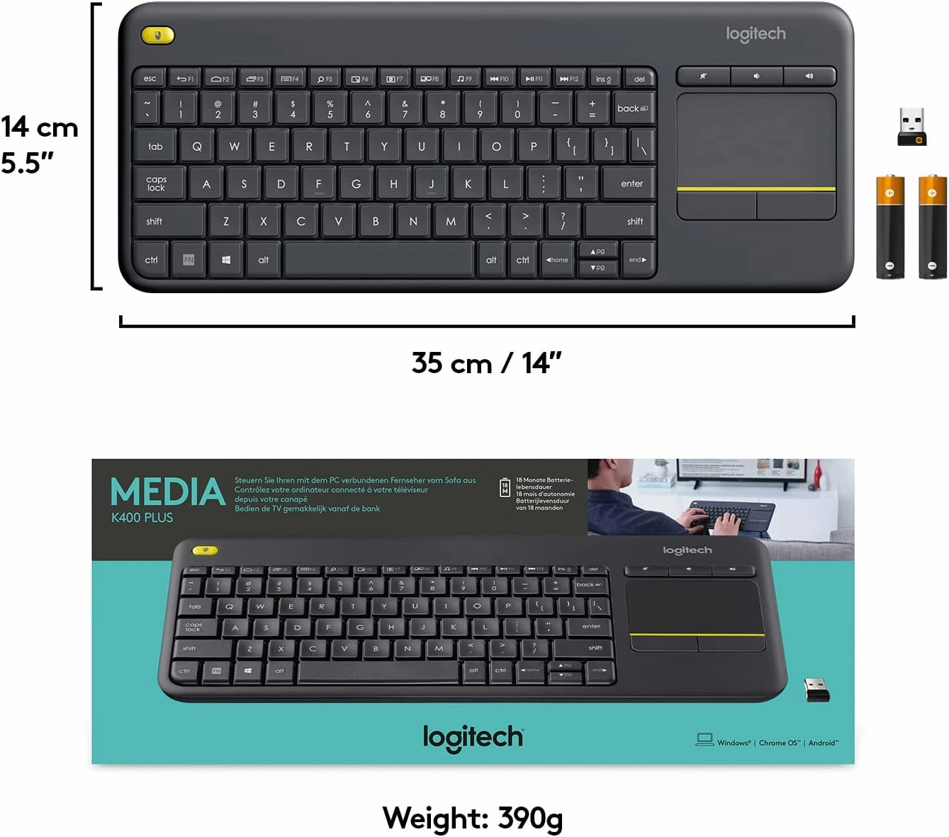 Logitech K400 Plus Wireless Touch TV Keyboard With Easy Media Control and Built-in Touchpad, HTPC Keyboard for PC-connected TV, Windows, Android, Chrome OS, Laptop, Tablet - Black