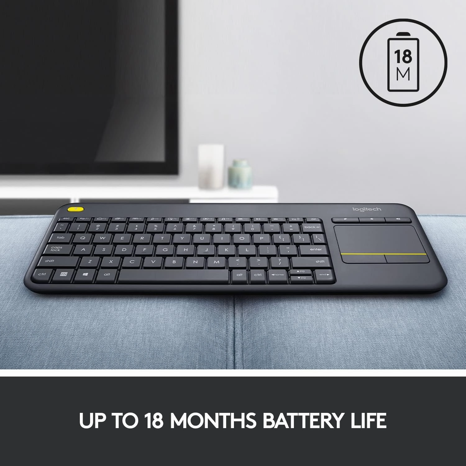 Logitech K400 Plus Wireless Touch TV Keyboard With Easy Media Control and Built-in Touchpad, HTPC Keyboard for PC-connected TV, Windows, Android, Chrome OS, Laptop, Tablet - Black