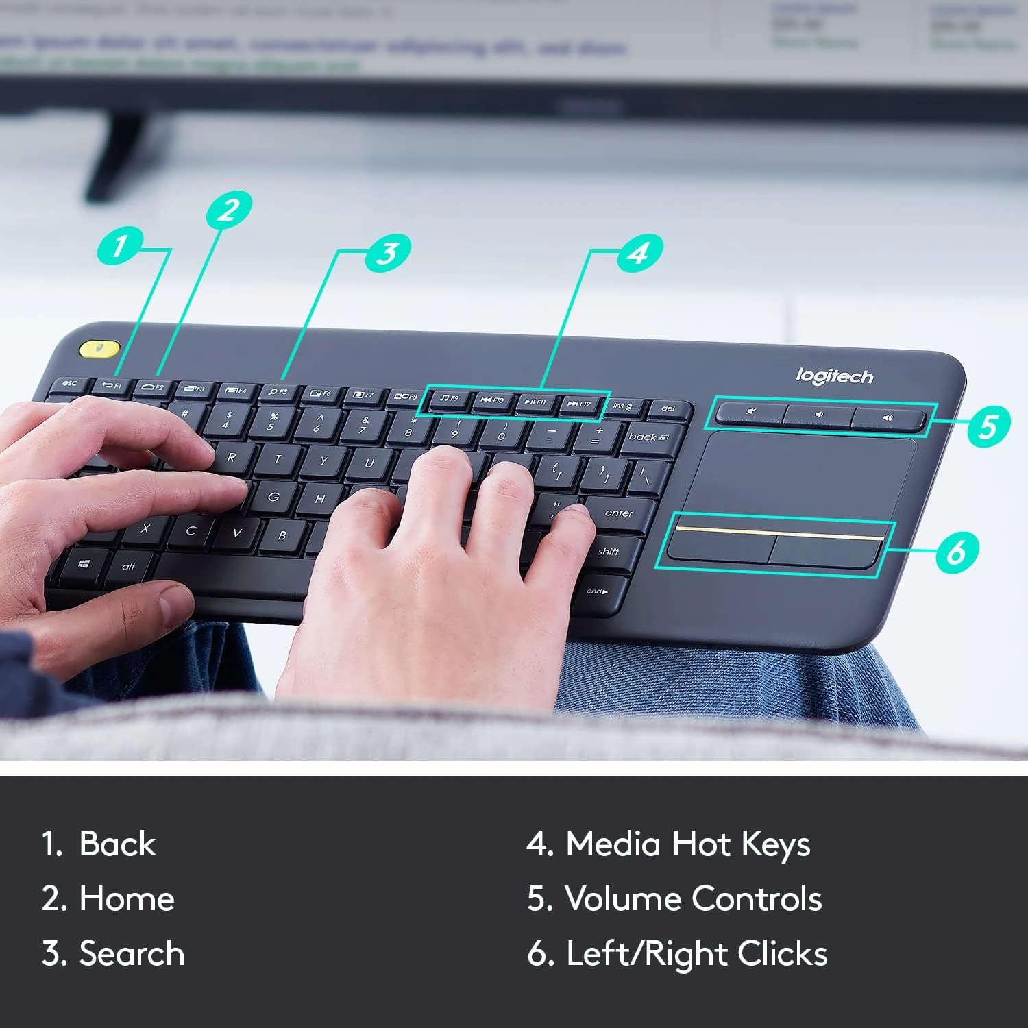 Logitech K400 Plus Wireless Touch TV Keyboard With Easy Media Control and Built-in Touchpad, HTPC Keyboard for PC-connected TV, Windows, Android, Chrome OS, Laptop, Tablet - Black