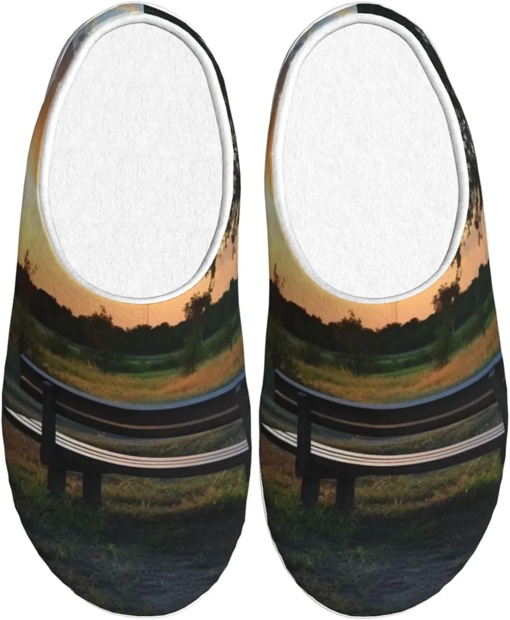 Lonely Bench Sunset Slippers With Fluffy Soft Warm For Men, Flannel Slippers Cozy Plush Indoor Outdoor, Size 10-11
