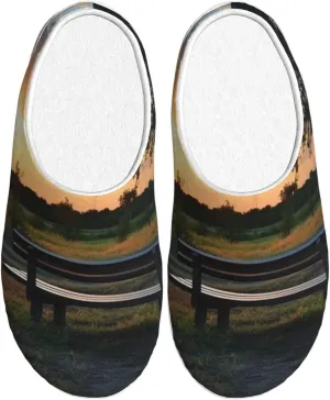Lonely Bench Sunset Slippers With Fluffy Soft Warm For Men, Flannel Slippers Cozy Plush Indoor Outdoor, Size 10-11