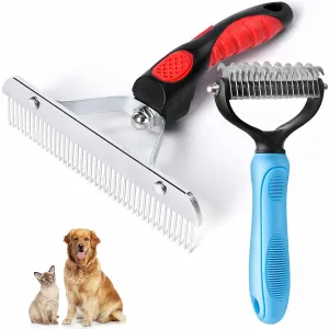 Long Tooth Undercoat Rake, Deshedding Tool Set - Pet Grooming Brushes for Middle to Large Dogs, Cats, Horses - Dematting Comb for German Shepherds, Huskies, Long-Haired Breeds