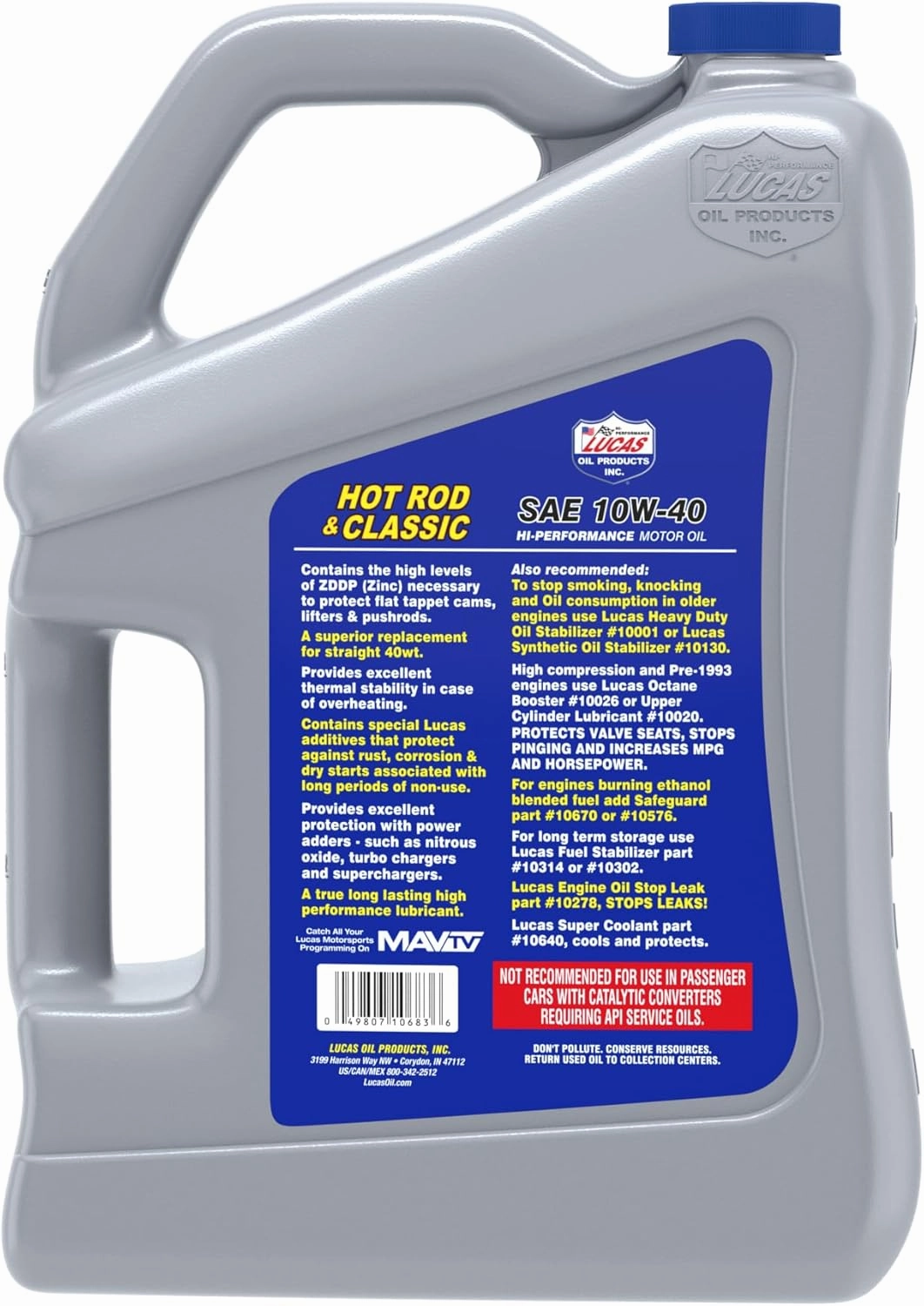 Lucas Oil 10683 Hot Rod & Classic Car SAE 10W-40 Motor Oil - 5 Quart