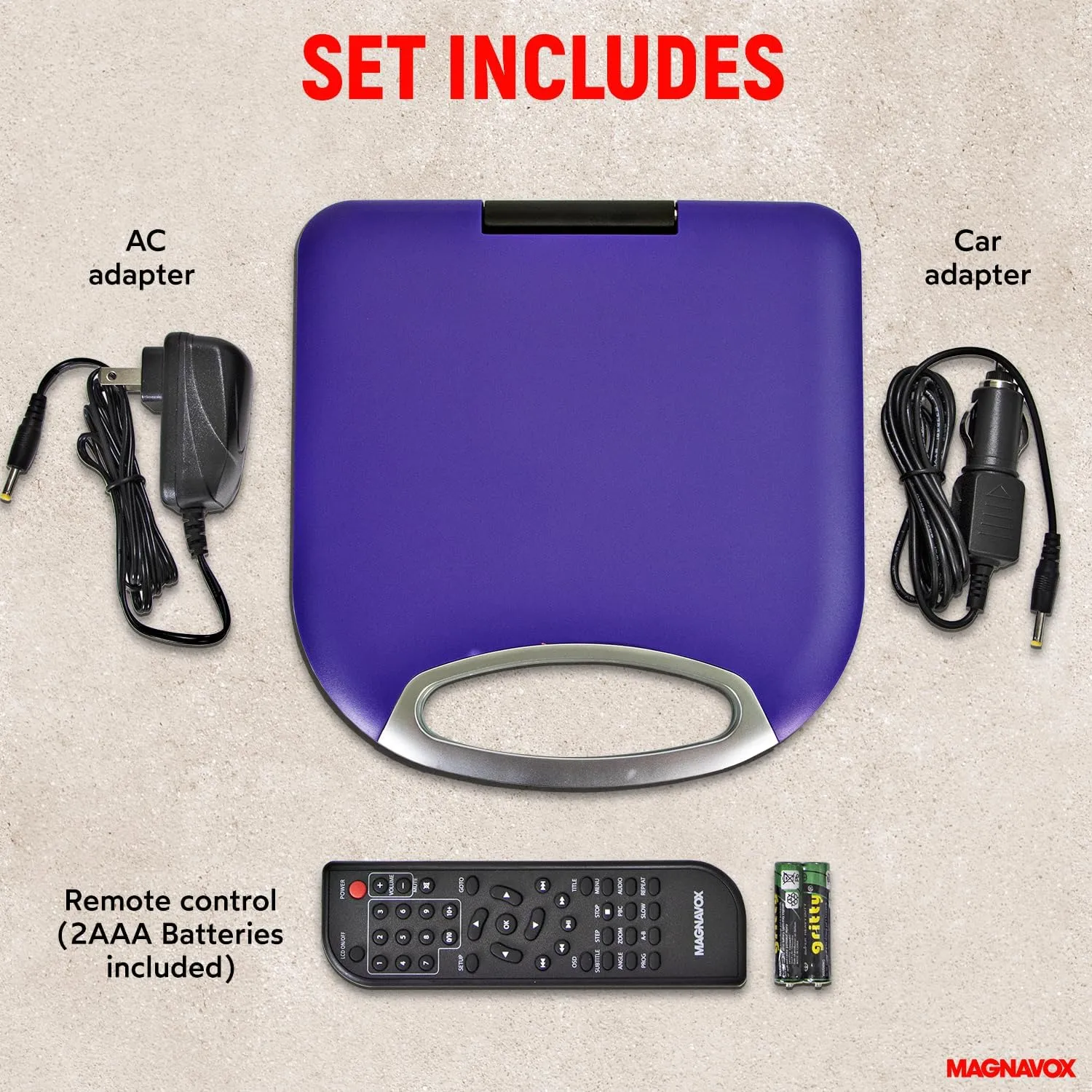 Magnavox MTFT750-PL Portable 7 inch TFT DVD/CD Player with Remote Control and Car Adapter in Purple | Rechargeable Battery | Headphone Jack | Built-In Speakers |