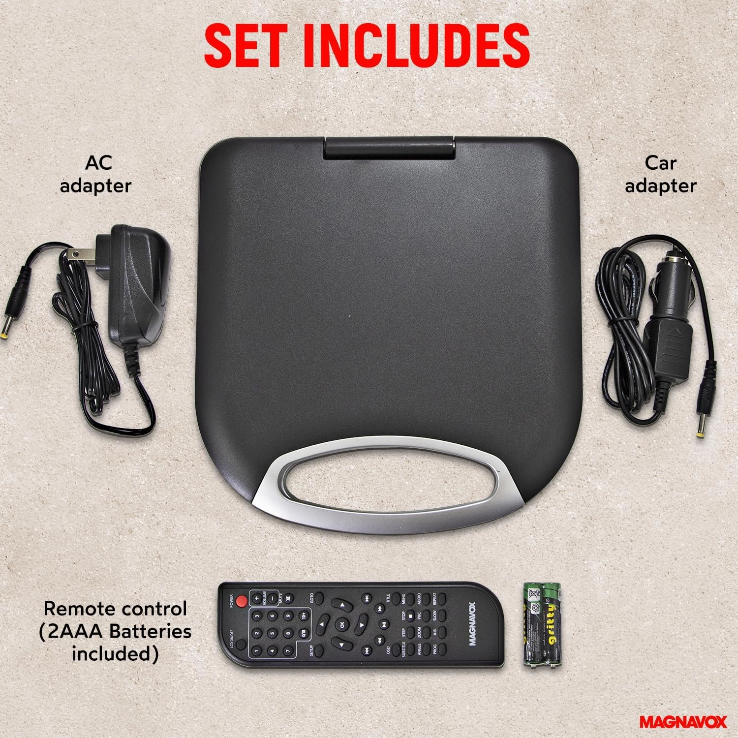 Magnavox MTFT750-BK Portable 7 inch TFT DVD/CD Player with Remote Control and Car Adapter in Black | Rechargeable Battery | Headphone Jack | Built-In Speakers |
