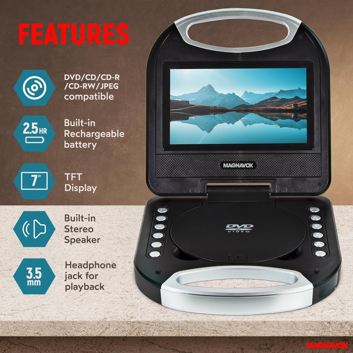 Magnavox MTFT750-BK Portable 7 inch TFT DVD/CD Player with Remote Control and Car Adapter in Black | Rechargeable Battery | Headphone Jack | Built-In Speakers |