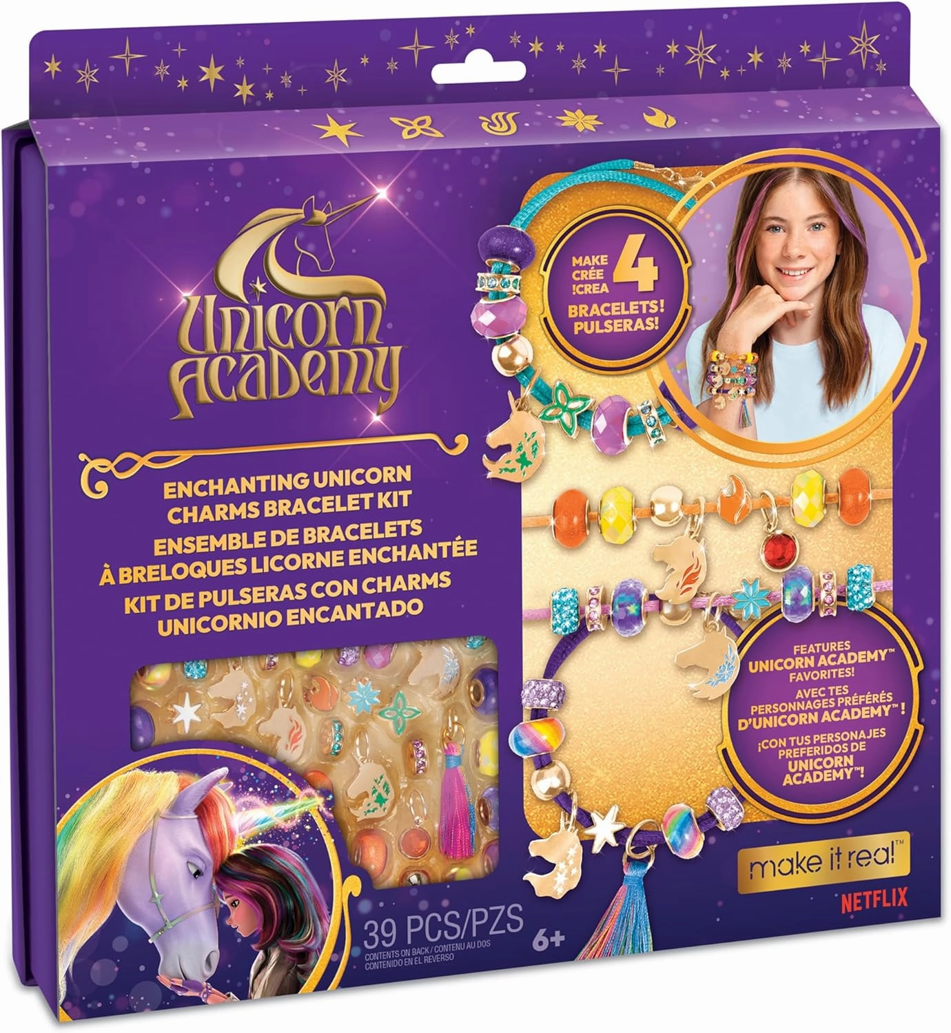 Make It Real: Unicorn Academy: Enchanting Unicorn Charms Bracelet Kit - 39pc DIY Jewelry Craft, Make 4 Charm & Bead Bracelets, Netflix Series, Kids 8 