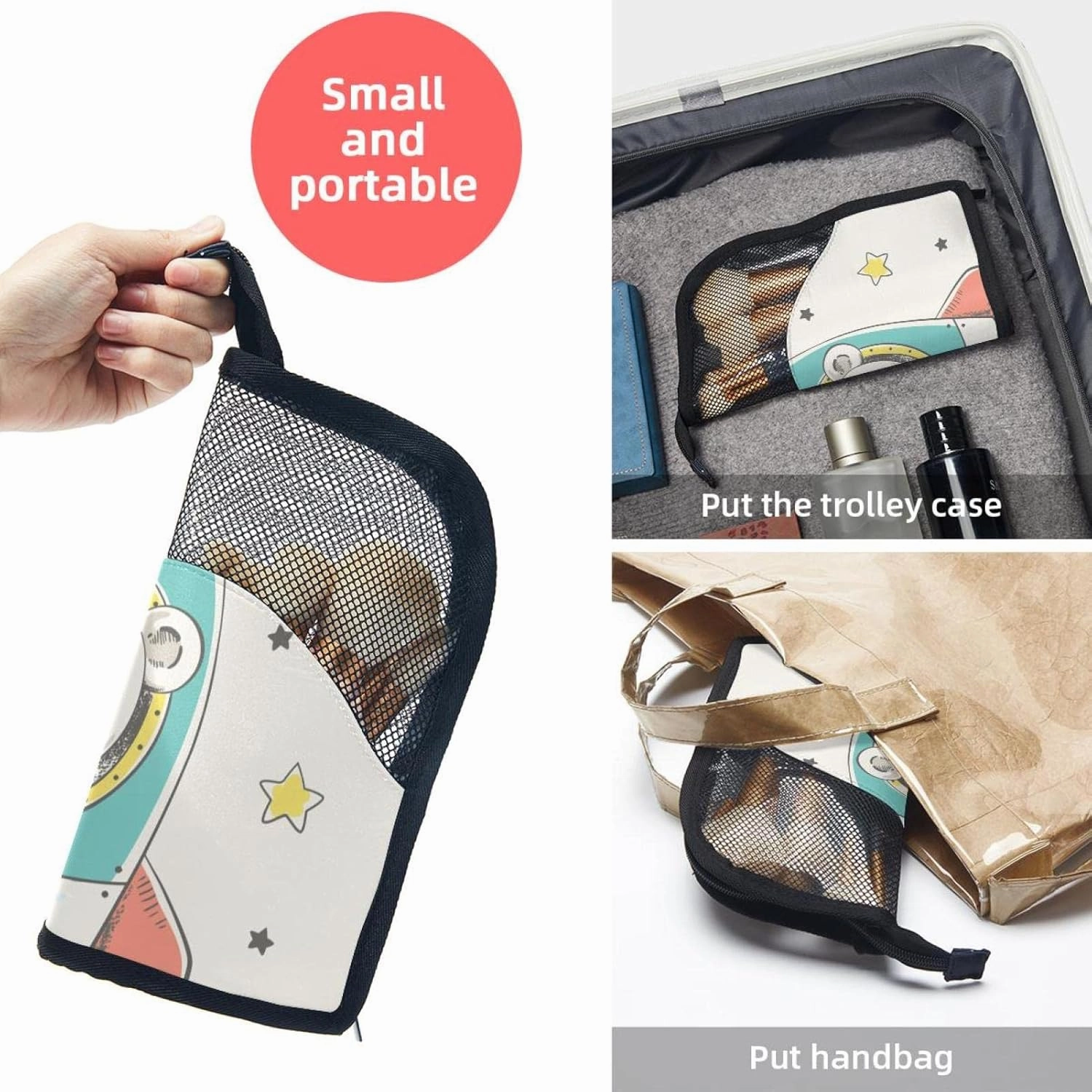 Makeup Brush Organizer Bag, Portable Travel Cosmetic Brush Case with 12 Makeup Brushes, Cute Cartoon Bear Flying in Rocket Foldable Makeup Cup for brushes, Eyebrow Pencil