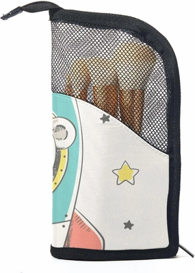 Makeup Brush Organizer Bag, Portable Travel Cosmetic Brush Case with 12 Makeup Brushes, Cute Cartoon Bear Flying in Rocket Foldable Makeup Cup for brushes, Eyebrow Pencil